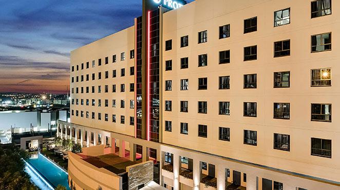 hotel fire and ice exterior view at dawn