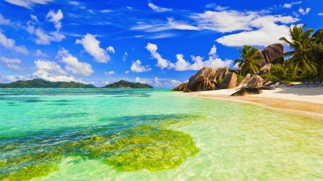 la digue coastline with palm trees on white sandy shores